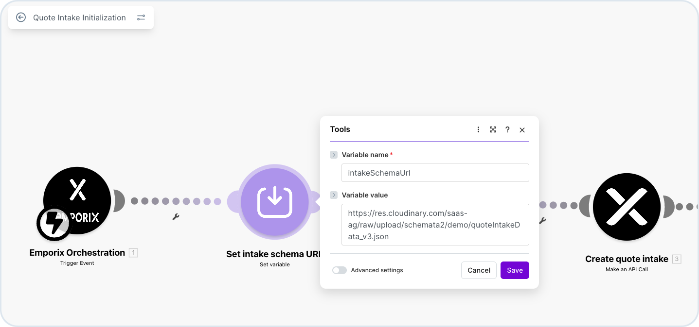 Quote Intake Initialization Make scenario with Set intake schema URI step