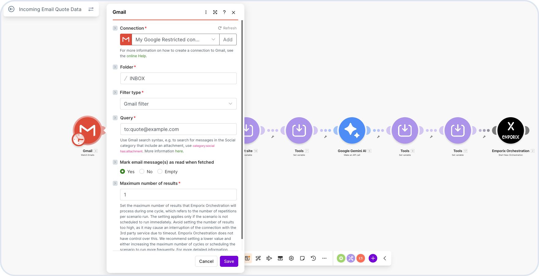 Incoming Email Quote Data Make scenario Gmail module configuration