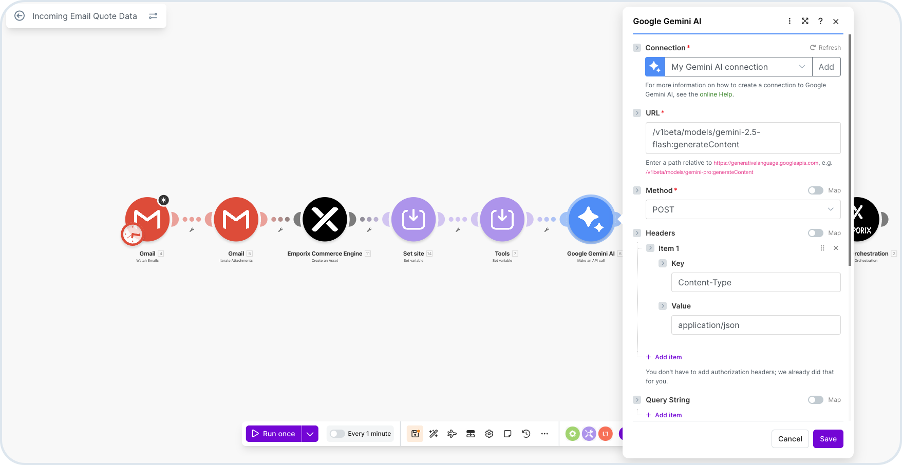 Incoming Email Quote Data Make scenario with Google Gemini module for quote extraction
