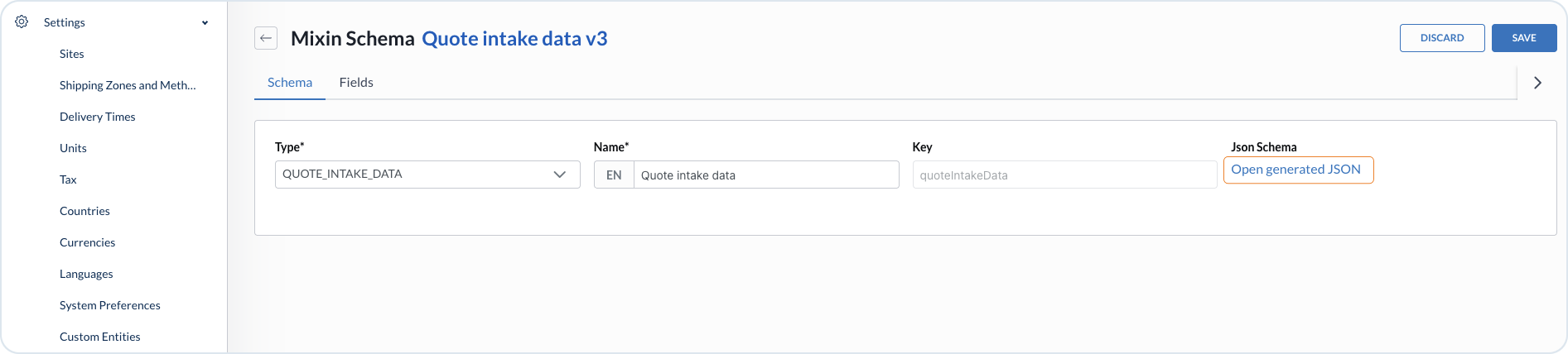 Mixin schema detail with Open Generated JSON for Quote intake data